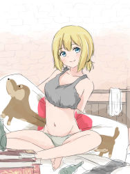 Rule 34 | 1girl, bad id, bad pixiv id, barefoot, bed, blonde hair, blue eyes, dachshund, erica hartmann, grey panties, highres, indian style, kento1102, navel, panties, pillow, short hair, sitting, sketch, smile, solo, strike witches, underwear, world witches series