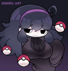 Rule 34 | 1girl, ahoge, animated, animated gif, black background, black dress, black hair, black sweater, breasts, closed mouth, creatures (company), dot nose, dress, eyes visible through hair, floating, floating object, game freak, hairband, hex maniac (pokemon), jitome, large breasts, leaning forward, long hair, long sleeves, looking at viewer, nintendo, poke ball, pokemon, pokemon xy, purple background, purple hairband, ribbed sweater, seiro, shiny clothes, shiny skin, sidelocks, simple background, skindentation, sleeves past fingers, sleeves past wrists, smile, solo, standing, sweater, telekinesis, two-tone background