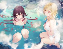 2girls black_hair blonde_hair breasts brown_eyes collarbone feather_hair_ornament feathers flower flower-shaped_pupils genshin_impact hair_between_eyes hair_flower hair_ornament highres hu_tao_(genshin_impact) long_hair looking_at_viewer lumine_(genshin_impact) multiple_girls naked_towel nude one_eye_closed onsen partially_submerged red_eyes shia_job sitting squatting steam symbol-shaped_pupils towel very_long_hair water wet wet_hair