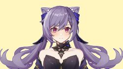 Rule 34 | 1girl, bare shoulders, black bow, black dress, blue ribbon, bow, braid, chinese commentary, collarbone, commentary request, cone hair bun, detached collar, dress, genshin impact, hair between eyes, hair bun, hair ribbon, highres, keqing (genshin impact), keqing (opulent splendor) (genshin impact), long hair, looking at viewer, off-shoulder dress, off shoulder, official alternate costume, pink eyes, purple hair, ribbon, sheshedantuiren, simple background, smile, solo, upper body, very long hair, yellow background