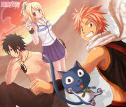 Rule 34 | 00s, 1girl, 2boys, breasts, cat, fairy tail, friends, gray fullbuster, guild, happy (fairy tail), lucy heartfilia, multiple boys, natsu dragneel, skirt, small breasts