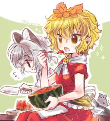 Rule 34 | 2girls, adapted costume, animal ear fluff, animal ears, biyon, blonde hair, eating, flying sweatdrops, food, fruit, green background, grey hair, hair ornament, hand up, holding, holding knife, holding spoon, knife, mouse (animal), mouse ears, multiple girls, nazrin, open mouth, red eyes, short hair, short ponytail, short sleeves, sitting, sparkle, spoon, tiger stripes, toramaru shou, touhou, twitter username, watermelon, yellow eyes