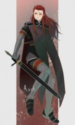 Rule 34 | 1boy, asch (tales), black jacket, black pants, black tabard, boots, character name, closed mouth, commentary request, elbow gloves, full body, gloves, green eyes, grey footwear, grey gloves, hair pulled back, highres, holding, holding sword, holding weapon, jacket, knee up, long hair, looking to the side, male focus, meba, military uniform, pants, red hair, shoulder pads, sidelocks, solo, sword, tabard, tales of (series), tales of the abyss, thigh boots, uniform, weapon
