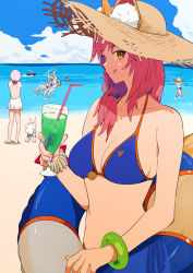 Rule 34 | 1boy, 6+girls, :q, animal ears, bb (fate), bb (fate) (all), bb (swimsuit mooncancer) (fate), bb (swimsuit mooncancer) (third ascension) (fate), beach, bikini, blue bikini, blue sky, boudica (fate), bracelet, breasts, brown eyes, cleavage, cup, day, drinking glass, fate/grand order, fate (series), flat color, fou (fate), fox ears, hair over shoulder, halterneck, hans christian andersen (fate), hat, horizon, innertube, jewelry, mash kyrielight, medium breasts, mordred (fate), mordred (fate) (all), mordred (fate/apocrypha), mordred (swimsuit rider) (fate), mordred (swimsuit rider) (first ascension) (fate), multiple girls, nero claudius (fate), nero claudius (fate) (all), nero claudius (swimsuit caster) (fate), outdoors, pink hair, side-tie bikini bottom, sky, sohin, straw hat, sun hat, swim ring, swimsuit, tamamo (fate), tamamo no mae (fate/extra), tamamo no mae (swimsuit lancer) (fate), tongue, tongue out