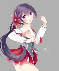 Rule 34 | 1girl, akebono (kancolle), alternate costume, artist name, ass, back, bare back, bare shoulders, bell, breasts, commentary request, corset, cosplay, dated, detached sleeves, dress, elbow gloves, flower, gloves, grey background, hair bell, hair flower, hair ornament, kantai collection, littorio (kancolle), littorio (kancolle) (cosplay), long hair, looking at viewer, miniskirt, necktie, open mouth, panties, pink panties, purple eyes, purple hair, side ponytail, sideboob, signature, simple background, skirt, small breasts, solo, tebi (tbd11), thighhighs, translation request, underwear, very long hair, zettai ryouiki