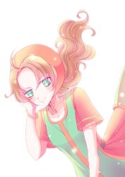 Rule 34 | 1girl, blush, bracelet, breasts, closed mouth, curly hair, dragon quest, dragon quest vii, dress, green eyes, highres, hood, jewelry, long hair, looking at viewer, maribel (dq7), orange hair, simple background, smile, solo, white background