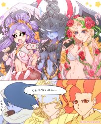 Rule 34 | 3boys, 3girls, :d, ame no uzume (oreca battle), aphrodite (oreca battle), apollo (oreca battle), archangel michael (oreca battle), armlet, bell, black hair, black sclera, black wings, blonde hair, blue eyes, blue hair, blue lips, blue skin, blush, bracelet, breasts, bustier, claws, cleavage, closed mouth, colored sclera, colored skin, covered eyes, crescent, dated, detached sleeves, earrings, eating, flower, food, food on face, gradient hair, groin, hair bell, hair ornament, hair over eyes, halo, hand fan, hand on own cheek, hand on own face, happy, helmet, highres, holding, holding fan, japanese clothes, jewelry, jingle bell, long hair, lucifer the fallen angel, magatama, makizushi, medium breasts, midriff, multicolored hair, multiple boys, multiple girls, navel, necklace, nontraditional miko, open mouth, orange eyes, orange hair, oreca battle, pink hair, plant, psyche oreca, purple hair, red flower, red hair, red rose, ribbon-trimmed sleeves, ribbon trim, rose, sanpaku, serious, short hair, smile, spikes, star (symbol), susanoo (oreca battle), sushi, thorns, thought bubble, two-tone hair, very long hair, vines, wings