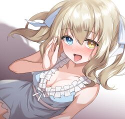 Rule 34 | 1girl, absurdres, arm at side, bare arms, blonde hair, blue dress, blue eyes, blush, breasts, cleavage, collarbone, cowboy shot, dress, dutch angle, frilled dress, frills, hair between eyes, hair ribbon, hand up, head tilt, heterochromia, highres, indie virtual youtuber, kogamino ono, looking at viewer, medium breasts, medium hair, nose blush, open mouth, ribbon, sabo (12454861), sash, shadow, short dress, sidelocks, simple background, sleeveless, sleeveless dress, solo, sundress, tongue, tongue out, twintails, virtual youtuber, white background, white ribbon, white sash, yellow eyes