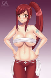 Rule 34 | 1girl, alternate costume, arm tattoo, bandaged arm, bandages, blush, breasts, cleavage, cowboy shot, erza scarlet, eyelashes, fairy tail, gradient background, grigorart, hakama, hakama skirt, hands on own hips, japanese clothes, large breasts, legs together, long hair, navel, red hair, skindentation, skirt, solo, stomach, swept bangs, tattoo, underboob, very long hair