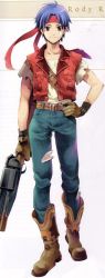 Rule 34 | 1boy, ahoge, bandages, belt, blue hair, boots, brown eyes, cowboy boots, denim, full body, gloves, gun, hand on own hip, headband, hip focus, jeans, knee boots, male focus, official art, ooba wakako, pants, rody roughnight, scan, shirt, smile, solo, vest, weapon, wild arms, wild arms 1
