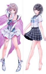 Rule 34 | 1girl, absurdres, barefoot, blue eyes, blue reflection, blue reflection (series), boots, bow, bowtie, breasts, brown eyes, brown hair, cleavage, dress, elbow gloves, feet, frills, full body, gloves, heterochromia, highres, holding, holding clothes, holding skirt, jewelry, kishida mel, magical girl, medium breasts, necklace, official art, pleated skirt, purple eyes, ribbon, scan, school uniform, serafuku, shirai hinako, short dress, short hair, short sleeves, simple background, skirt, solo, standing, sword, thigh strap, toes, weapon, white background