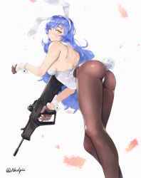 Rule 34 | 1girl, animal ears, ass, assault rifle, bad id, bad pixiv id, bare shoulders, blue hair, blush, bow, breasts, bullpup, closed mouth, fake animal ears, girls&#039; frontline, gloves, gun, hair between eyes, half gloves, headgear, highleg, holding, holding gun, holding weapon, iruril, iwi tavor, iwi tavor tar-21, large breasts, leaning forward, leotard, long hair, looking at viewer, looking back, pantyhose, playboy bunny, rabbit ears, rabbit girl, rifle, solo, tar-21 (girls&#039; frontline), tar-21 (night at the bar) (girls&#039; frontline), tavor tar-21, twitter username, very long hair, weapon, white leotard, yellow eyes