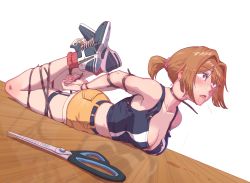 Rule 34 | 1girl, asphyxiation, bdsm, blue footwear, bondage, bound, breasts, cable tie, commission, full body, girls&#039; frontline, grizzly mkv (girls&#039; frontline), grizzly mkv (weekend cop) (girls&#039; frontline), hair ornament, hair scrunchie, highres, lar grizzly win mag, leveen, medium breasts, official alternate costume, peril, purple eyes, restrained, scissors, scrunchie, second-party source, short hair, short ponytail, short shorts, shorts, skindentation, tank top, thigh strap, v-shaped eyebrows, yellow shorts
