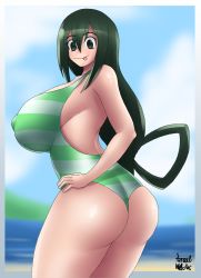 Rule 34 | 1girl, absurdres, ass, asui tsuyu, azraelwebster, black hair, boku no hero academia, breasts, covered erect nipples, frog girl, from behind, green eyes, green hair, green one-piece swimsuit, hair between eyes, highres, huge breasts, long hair, long tongue, looking at viewer, looking back, low-tied long hair, one-piece swimsuit, smile, solo, swimsuit, tongue, tongue out