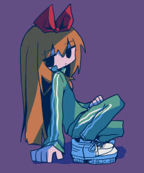 Rule 34 | 1girl, aqua jacket, aqua pants, arm support, black eyes, bow, closed mouth, double vertical stripe, from side, full body, hair bow, jacket, kanikan, long hair, long sleeves, looking at viewer, looking to the side, orange hair, original, pants, purple background, red bow, shoes, simple background, sneakers, solo, squatting, straight hair, track jacket, track pants, track suit, white footwear