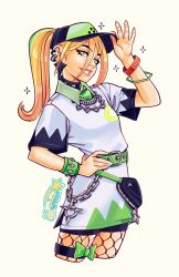 Rule 34 | 1girl, baseball cap, blonde hair, chain, collared shirt, facing to the side, fortnite, gigis lab, green eyes, green nails, hat, helsie (fortnite), high ponytail, highres, looking at viewer, nail polish, official alternate costume, shirt, smile
