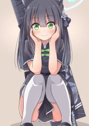 Rule 34 | 1girl, animal ear fluff, animal ears, between legs, black dress, black footwear, black hair, blue archive, blunt bangs, china dress, chinese clothes, comiching, dress, elbow rest, green eyes, hands on own face, head rest, highres, long hair, looking at viewer, mary janes, panties, panty peek, shoes, short sleeves, shun (blue archive), shun (small) (blue archive), smile, solo, squatting, thighhighs, thighs, tiger ears, tiger girl, twintails, underwear, weapon case, white panties, white thighhighs