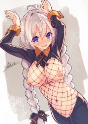 Rule 34 | 1girl, ahoge, alternate costume, arms up, black bow, black legwear, blush, bow, braid, breasts, commentary request, cowboy shot, crying, crying with eyes open, embarrassed, fishnets, grey background, hair bow, hair intakes, hetaren (ramark), highres, kizuna akari, large breasts, long hair, long sleeves, meme attire, navel, nipples, nose blush, open mouth, rabbit pose, reverse bunnysuit, reverse outfit, shrug (clothing), signature, solo, stomach, striped, striped bow, tears, twin braids, very long hair, vocaloid, voiceroid, wrist cuffs