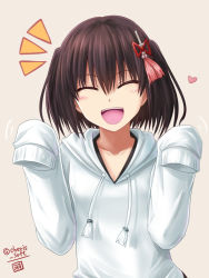 Rule 34 | 10s, 1girl, ^ ^, ^o^, alternate costume, brown hair, closed eyes, closed eyes, grey background, hair ornament, haura akitoshi, heart, kantai collection, one side up, sendai (kancolle), shirt, short hair, signature, simple background, sleeves past wrists, smile, solo, two side up, white shirt