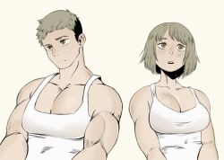 Rule 34 | 1boy, 1girl, bare shoulders, black hair, blush, bob cut, breasts, brother and sister, brown eyes, closed mouth, collarbone, commentary, dungeon meshi, english commentary, falin touden, falin touden (tallman), frown, grey background, grey hair, kinja, laios touden, large breasts, looking ahead, multicolored hair, muscular, muscular male, open mouth, pectoral cleavage, pectorals, photo-referenced, puffy chest, shirt, short hair, siblings, simple background, sleeveless, tank top, tight clothes, tight shirt, toned, two-tone hair, unusually open eyes, upper body, white tank top