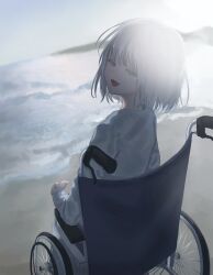 Rule 34 | 1girl, :d, absurdres, beach, brown eyes, day, from behind, highres, kyano (kyanora3141), looking at viewer, ocean, open mouth, original, outdoors, shirt, short hair, sitting, smile, solo, sun glare, wheelchair, white hair, white shirt