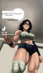 Rule 34 | 1girl, abs, absurdres, bandages, black hair, brown eyes, highres, long hair, looking down, meme, mildly muscular women think they&#039;re gods (meme), muscular, muscular female, sarashi, speech bubble, sweatband, thick thighs, thighs, tiktok, tomboy, vertacularrld