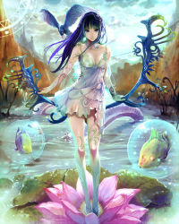 Rule 34 | 1girl, air bubble, animal, bird, blue eyes, blue hair, bow (weapon), bubble, character request, copyright request, dress, floating hair, flower, flying, leaf, lily pad, london inu, long hair, matching hair/eyes, outdoors, plant, river, solo, standing, surreal, water, weapon, white dress