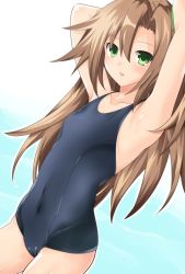 Rule 34 | armpits, asymmetrical bangs, black one-piece swimsuit, blue background, brown hair, choujigen game neptune, competition school swimsuit, cowboy shot, gradient background, green eyes, if (neptunia), iwashi dorobou -r-, long hair, neptune (series), one-piece swimsuit, school swimsuit, skin tight, solo, standing, swimsuit, tagme, very long hair