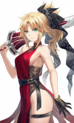 Rule 34 | 1girl, bare shoulders, belt, black gloves, blonde hair, braid, breasts, clarent (fate), closed mouth, commentary request, dress, fate/apocrypha, fate (series), french braid, gloves, green eyes, hair ribbon, highres, long hair, looking at viewer, mordred (fate), mordred (fate/apocrypha), parted bangs, ponytail, red dress, ribbon, sideboob, sidelocks, small breasts, smile, solo, sword, thigh trap, thighs, tonee, weapon