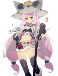 Rule 34 | 1girl, blush, breasts, gloves, gun, hand on own hip, hat, highres, hokkana, long hair, looking at viewer, maebari, navel, original, pink hair, simple background, small breasts, solo, very long hair, weapon, white background