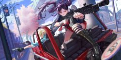 Rule 34 | 1boy, 1girl, black hair, boots, car, city, driving, grey hair, gun, handgun, highres, lamppost, leggings, motor vehicle, ning (smc), official art, pistol, punk, red eyes, rifle, road sign, rom (smc), sign, smile, spiked hair, super mecha champions, tire, twintails, weapon