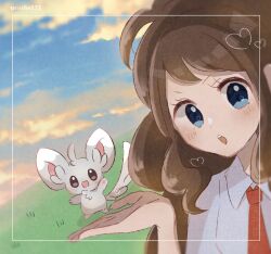 Rule 34 | 1girl, :o, alternate costume, blue eyes, blush, brown hair, chira (riiche573), cloud, collared shirt, commentary request, creatures (company), day, framed, game freak, gen 5 pokemon, grass, hand up, heart, hilda (pokemon), long hair, minccino, necktie, nintendo, open mouth, orange necktie, outdoors, pokemon, pokemon (creature), pokemon bw, pokemon sv, shirt, sidelocks, sky, teeth, upper teeth only