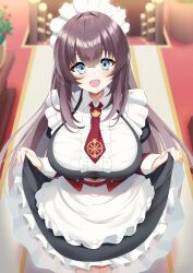 Rule 34 | 1girl, absurdres, apron, azur lane, black dress, blue eyes, blurry, blurry background, breasts, brown hair, center frills, commission, curacoa (azur lane), curtsey, dress, elegant (sumisumi4268), frilled apron, frilled dress, frilled shirt, frills, highres, jewelry, large breasts, maid, maid headdress, necktie, open mouth, pinafore dress, pink nails, pixiv commission, red necktie, ring, shirt, sleeveless, sleeveless dress, solo, stairs, white apron