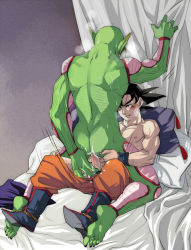 Rule 34 | 2boys, alien, anal, ass, black hair, clothed male nude male, colored skin, cum, cum in ass, dragon ball, dragonball z, green skin, interspecies, male focus, male penetrated, multiple boys, muscular, nude, penis, piccolo, riding, son goku, sweat, topless male, uncensored, undressing, yaoi