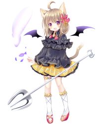 Rule 34 | 1girl, :d, ahoge, animal ears, bell, black shirt, black wings, bow, brown eyes, cat ears, cat girl, cat tail, collared shirt, detached wings, frilled skirt, frills, full body, hair bow, holding, jingle bell, kneehighs, long sleeves, looking at viewer, mini wings, open mouth, original, pink bow, pleated skirt, polearm, puffy long sleeves, puffy sleeves, red footwear, ribbon, shikito (yawa0w0), shirt, shoes, simple background, skirt, sleeves past wrists, smile, socks, solo, standing, tail, thigh strap, trident, weapon, white background, white socks, wings, yellow ribbon, yellow skirt