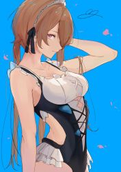 Rule 34 | 1girl, blue background, breasts, brown hair, cleavage, closed mouth, frilled one-piece swimsuit, frilled swimsuit, frills, hair over one eye, highres, honkai (series), honkai impact 3rd, long hair, looking at viewer, maid, maid headdress, maid one-piece swimsuit, mole, mole under eye, one-piece swimsuit, petals, rita rossweisse, rita rossweisse (phantom iron), signature, simple background, smile, swimsuit, tosiyu3617, twintails, unconventional maid