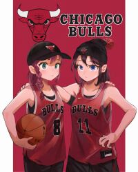 Rule 34 | 2girls, arm around shoulder, arm warmers, asymmetrical legwear, ball, bare shoulders, baseball cap, basketball, basketball (object), basketball jersey, basketball uniform, beanie, black hair, black headwear, black shirt, black shorts, blue eyes, blush, braid, breasts, brown hair, carrying, carrying under arm, chicago bulls, closed mouth, collarbone, commentary, copyright name, cowboy shot, english commentary, english text, expressionless, green eyes, hand on own hip, hands on own hips, hat, highres, holding, holding ball, logo, looking at viewer, medium breasts, medium hair, multiple girls, national basketball association, original, ozido, parted lips, pom pom (clothes), ponytail, red background, red hair, red shirt, shirt, shorts, side-by-side, side braid, simple background, single arm warmer, single braid, sleeveless, sleeveless shirt, small breasts, sportswear, standing, undershirt