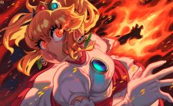 Rule 34 | 1girl, alternate color, blonde hair, brooch, crown, dark background, dress, earrings, eigaka, embers, eyelashes, fire, fire flower, fire peach, flaming hand, gloves, glowing, glowing eyes, highres, jewelry, mario (series), mini crown, nintendo, o3o, orange eyes, parted lips, ponytail, princess peach, pyrokinesis, solo, super mario 3d world, upper body, white dress, white gloves