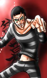 Rule 34 | 1boy, bon clay, fighting stance, highres, impel down, long sleeves, makeup, male focus, one piece, prison clothes, shirt, solo, striped clothes, striped shirt