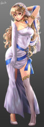 Rule 34 | 1girl, arm behind back, arm up, asymmetrical clothes, asymmetrical gloves, azura (fire emblem), azura (fire emblem) (cosplay), blonde hair, blue ribbon, breasts, cleavage, collarbone, corrin (female) (fire emblem), corrin (fire emblem), cosplay, dress, elbow gloves, esther shen, fire emblem, fire emblem fates, full body, gloves, gradient background, grey background, hair between eyes, high heels, long hair, looking at viewer, medium breasts, nintendo, pointy ears, pumps, red eyes, ribbon, side slit, signature, single glove, single thighhigh, solo, standing, thighhighs, uneven gloves, veil, very long hair, white footwear, white gloves, white thighhighs