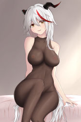 Rule 34 | 1girl, absurdres, aegir (azur lane), azur lane, black bodysuit, blush, bodysuit, breasts, brown eyes, chinese commentary, commentary, covered erect nipples, covered navel, curvy, demon horns, english commentary, feet out of frame, hair between eyes, hair intakes, highres, horns, large breasts, long hair, looking at viewer, mixed-language commentary, multicolored hair, nipples, on bed, parted lips, partially undressed, qingshuisi yu ji, red hair, see-through, silver hair, sitting, skin tight, sleeveless, smile, solo, streaked hair, two-tone hair, very long hair