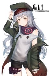 Rule 34 | 1girl, black shorts, blush, brown eyes, character name, coat, cowboy shot, flat cap, g11 (girls&#039; frontline), girls&#039; frontline, grey hair, hat, highres, holster, legs apart, long hair, looking at viewer, messy hair, moffle (2019), open clothes, open coat, parted lips, purple scarf, scarf, short shorts, shorts, simple background, sleeves past wrists, solo, thigh holster, thigh strap, very long hair, white background