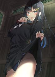 Rule 34 | 1girl, bare hips, black hair, blue eyes, blush, breasts, clothes lift, dress, dress lift, hair ornament, kaerunoashi, long sleeves, looking at viewer, open mouth, original, seductive smile, smile, solo, swimsuit, swimsuit under clothes, thighs