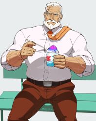 Rule 34 | 1boy, bara, beard, belt, bench, blue eyes, brown pants, dark-skinned male, dark skin, facial hair, food, highres, holding, holding food, jp (street fighter), large pectorals, long hair, male focus, mature male, muscular, muscular male, mustache, necktie, old, old man, on bench, pants, pectorals, ponytail, sa1k0p, shaved ice, shirt, sitting, sleeves rolled up, solo, street fighter, street fighter 6, sweatdrop, thick eyebrows, thick mustache, veins, white background, white hair, white shirt