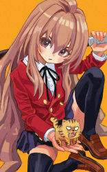 Rule 34 | 1girl, aisaka taiga, arm up, black ribbon, black thighhighs, blazer, blouse, blue skirt, blush, bokken, brown eyes, brown footwear, brown hair, buttoned cuffs, buttons, collared shirt, commentary, double-breasted, eyebrows hidden by hair, hair between eyes, highres, holding, holding sword, holding weapon, jacket, long hair, long sleeves, looking at viewer, md5 mismatch, neck ribbon, oohashi high school uniform, orange background, palmtop tiger, red jacket, resolution mismatch, ribbon, school uniform, shiren (ourboy83), shirt, shoes, simple background, sitting, skirt, source larger, sword, thighhighs, tiger, toradora!, very long hair, weapon, white shirt, wooden sword