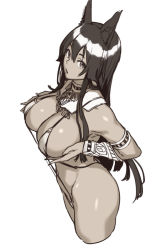 Rule 34 | 1girl, :o, animal ears, anubis (houtengeki), arm warmers, armlet, armpits, bare shoulders, breast hold, breasts, cleavage, cropped legs, dark-skinned female, dark skin, fox ears, from above, greyscale, houtengeki, large breasts, long hair, looking at viewer, looking up, monochrome, navel, original, parted lips, simple background, sketch, slingshot swimsuit, solo, standing, stomach, swimsuit, white background