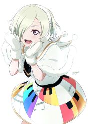 Rule 34 | 1girl, blonde hair, capelet, colorful dreams! colorful smiles! (love live!), commentary request, dress, earmuffs, hair over one eye, highres, looking at viewer, love live!, love live! nijigasaki high school idol club, mia taylor, mittens, neo (neosky24), one eye covered, open mouth, piano print, purple eyes, sailor collar, signature, solo, teeth, upper body, upper teeth only, white background, white capelet, white dress, white mittens, white sailor collar