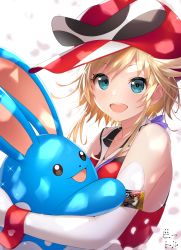 Rule 34 | 1girl, :d, azumarill, bettle (b s a n), black eyes, blue eyes, creatures (company), crossover, game freak, gen 2 pokemon, hat, highres, holding, holding pokemon, kaminari ai, looking at viewer, medium hair, nintendo, open mouth, pokemon, pokemon (creature), red headwear, simple background, smile, standing, virtual youtuber, white background, wrist cuffs, yatterman
