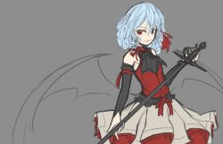 Rule 34 | 1girl, arceonn, ascot, bare shoulders, blue hair, bridal gauntlets, corset, detached sleeves, female focus, flat chest, hair ribbon, no headwear, no headwear, red eyes, remilia scarlet, ribbon, short hair, skirt, smile, solo, sword, touhou, weapon, wings, unfinished