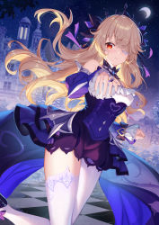 Rule 34 | 1girl, absurdres, alternate eye color, alternate hairstyle, bare shoulders, blonde hair, breasts, castle, checkered floor, crescent moon, detached collar, detached sleeves, dress, eyepatch, fischl (ein immernachtstraum) (genshin impact), fischl (genshin impact), genshin impact, hair over one eye, highres, long hair, long sleeves, looking at viewer, medium breasts, moon, night, night sky, official alternate costume, puffy sleeves, purple dress, red eyes, shanguier, sky, solo, thighhighs, tiara, white thighhighs